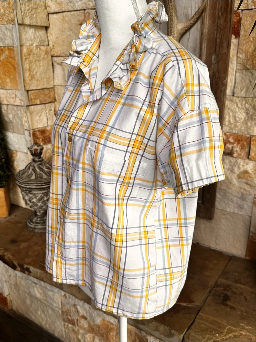 Yellow Plaid Ruffle Collar Shirt upcycled
